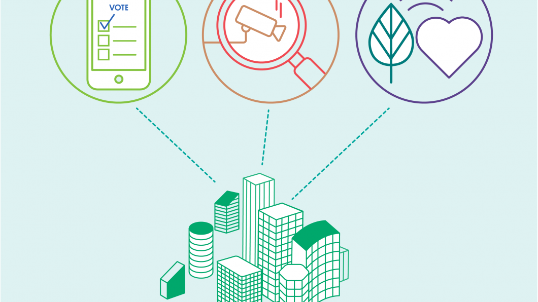 Illustratie van gebouwen met daarboven slimme componenten, zoals mobiele telefoons en ‘the internet of things’