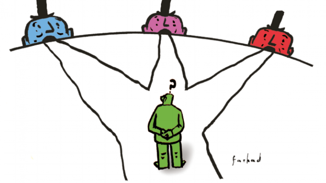 Illustratie van mannetje met vraagteken en keuze uit drie paden.