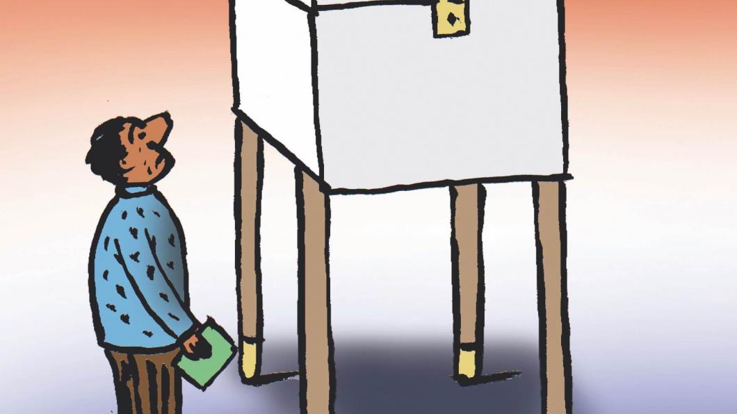 Illustratie van Farhad Foroutanian van een persoon bij een veel grotere stembus