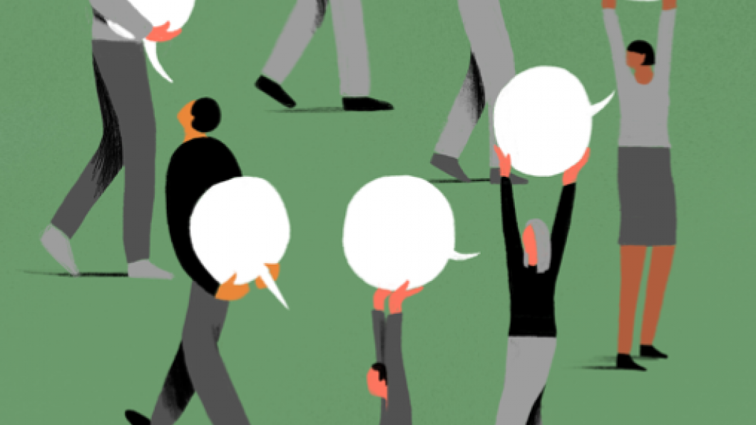 Illustratie democratie en zeggenschap: mensen met een tekstballon.