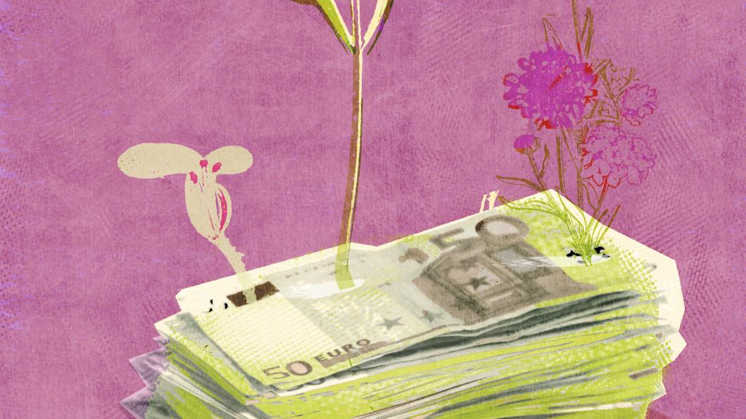 Illustratie van een stapel geld waar planten uit groeien