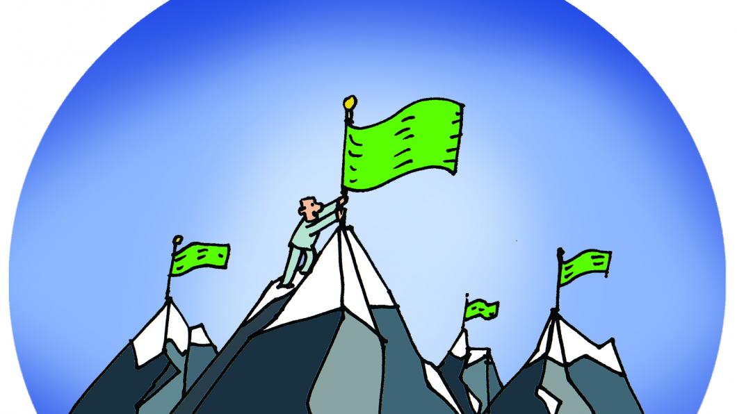 Illustratie van mannetje die groene vlag op besneeuwde bergtoppen plant.