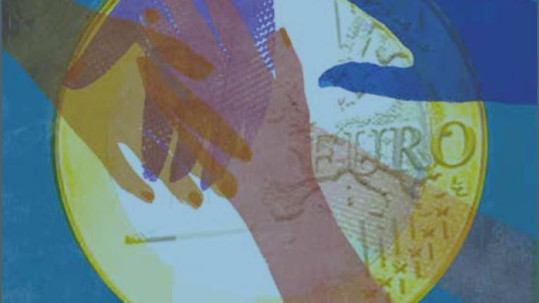 Illustratie van verschillende kleuren handen die op een groot euromuntstuk liggen.