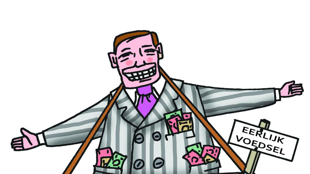 Persoon met grote bak om de nek met daarin eerlijk voedsel. In de zakken van zijn jasje zit veel geld.