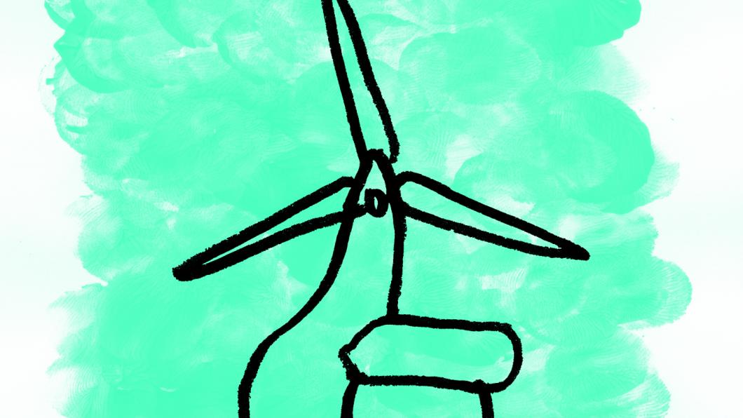 Illustratie van windmolen in de vorm van een omhooggestoken duim