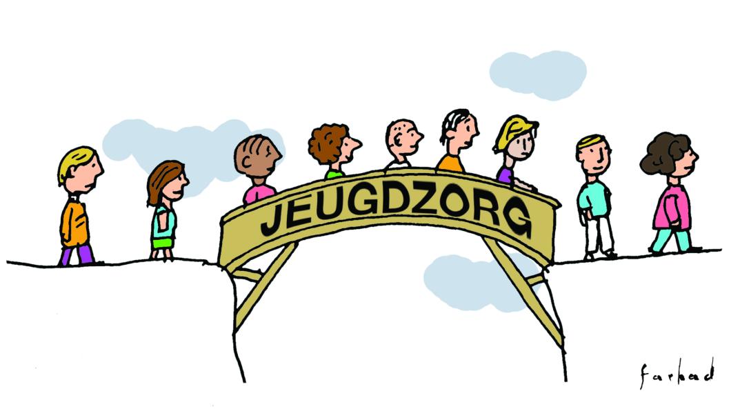 Illustratie van kinderen die een brug oversteken met het woord ‘jeugdzorg’.