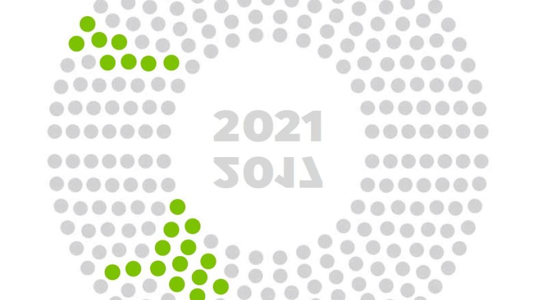 Illustratie van grijze cirkel met in groen de zetelaantallen GroenLinks erin verwerkt en het jaartal 2021. 