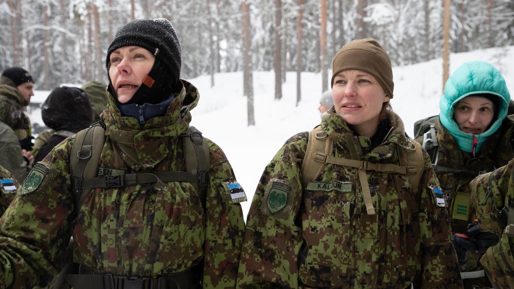 Members of Estonia's Naiskodukaitse (Women's Voluntary Defence Organisation) during a winter patrol competition