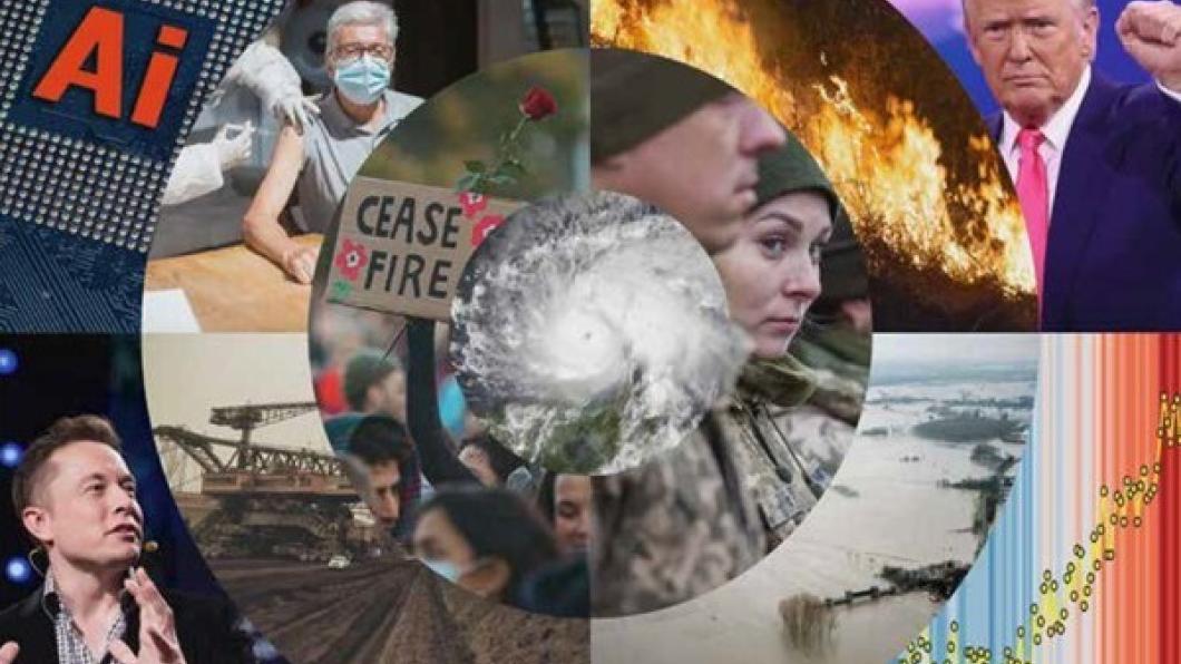 Afbeelding met AI, Donald Trump, Elon Musk, klimaatverandering, vaccinatie corona, overstromingen, industrie, bosbranden en oorlog.