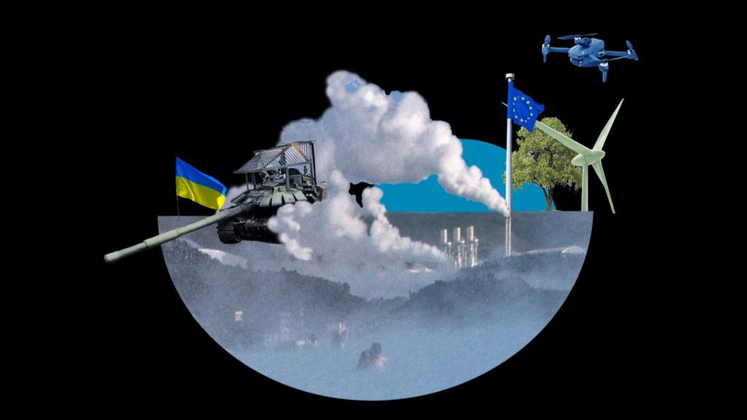 Een beeld van AI en oorlog. Links een Oekraïense vlag en een soort tank. Rechts een Europese vlag, waarbij het lijkt alsof er rook uit de vlaggenstok komt. Daarnaast een boom en windmolen. In de lucht een drone.