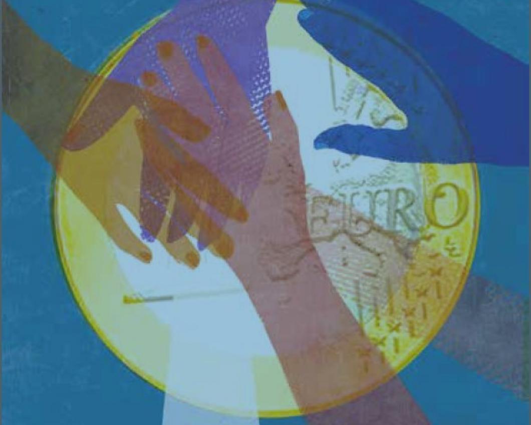 Illustratie van verschillende kleuren handen die op een groot euromuntstuk liggen.