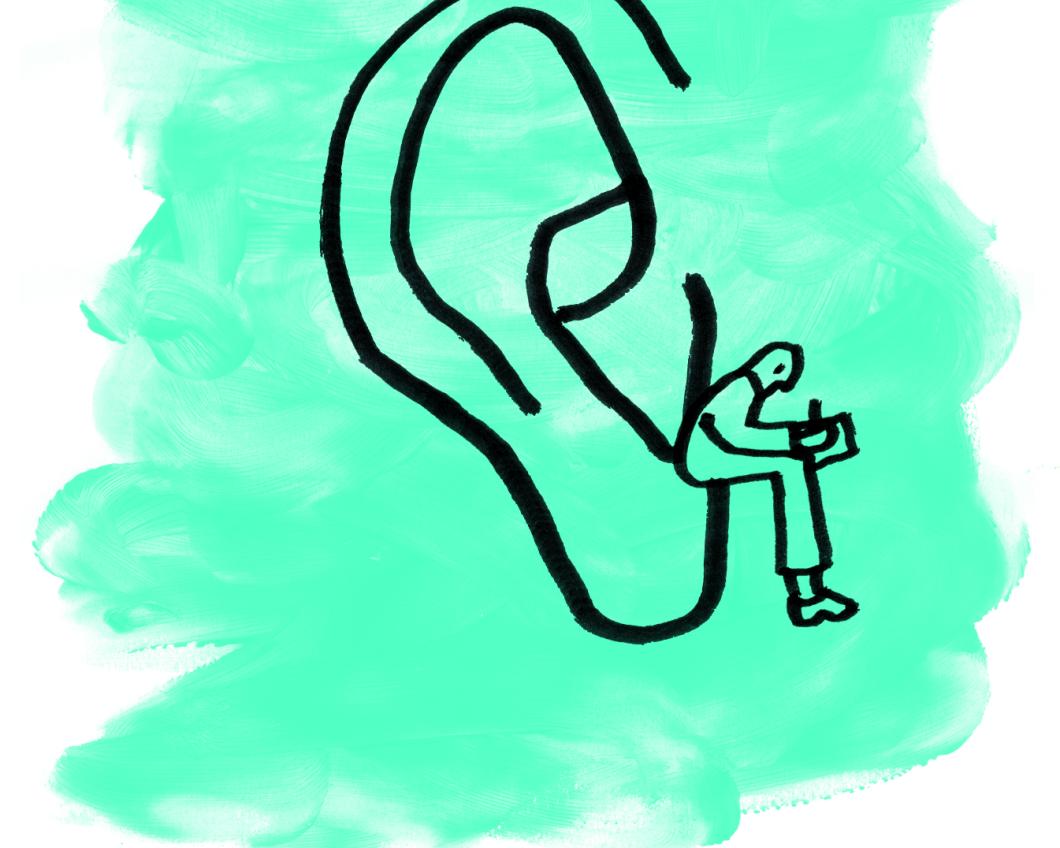Illustratie van een man die op een luisterend oor gezeten, aantekeningen maakt. 