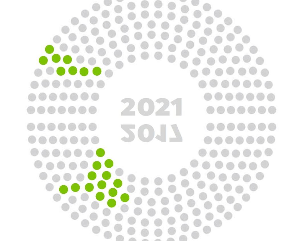 Illustratie van grijze cirkel met in groen de zetelaantallen GroenLinks erin verwerkt en het jaartal 2021. 