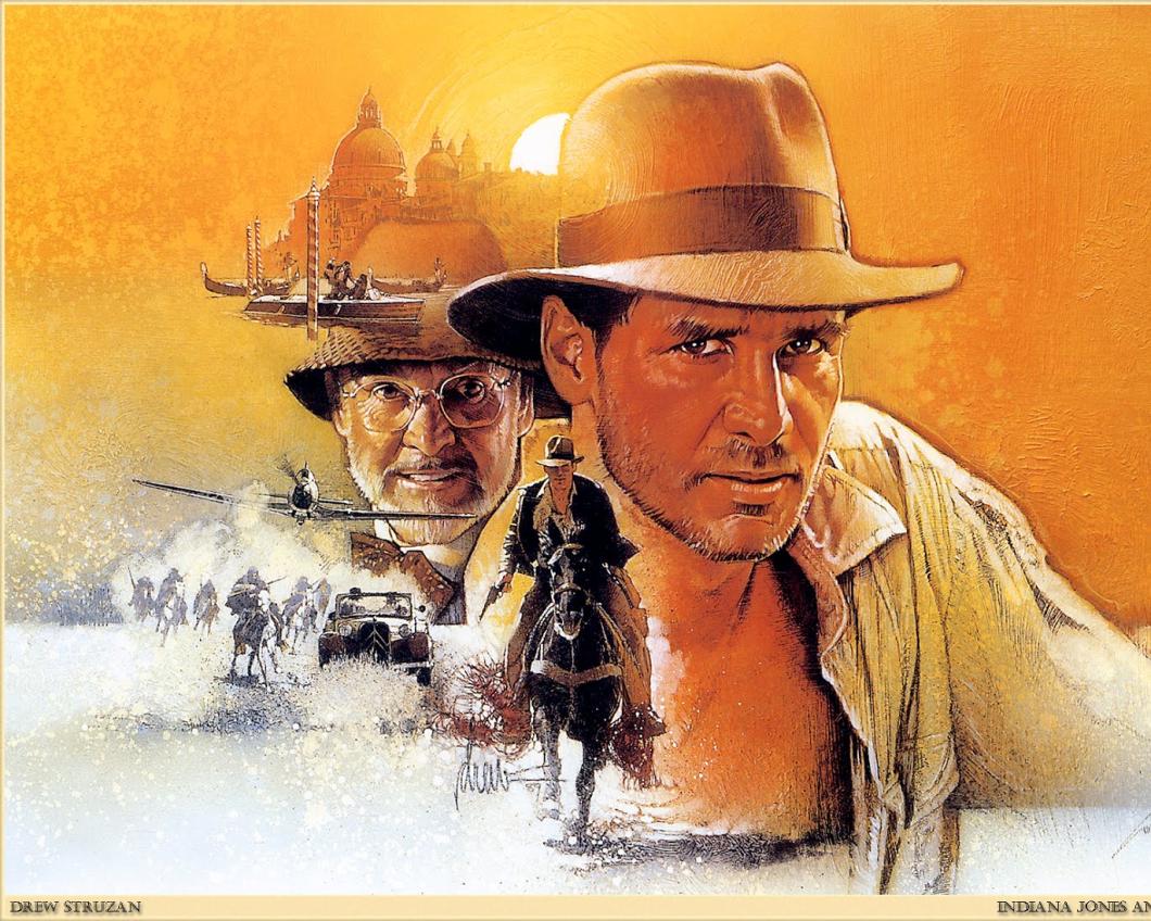 Illustratie van Indiana Jones als jonge vent, oude man, op een paard en in een jeep.