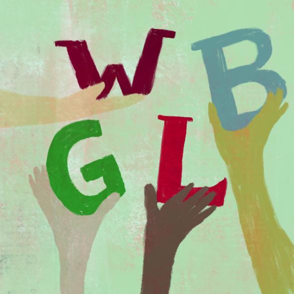 Illustratie bij Vrienden van Wetenschappelijk Bureau, met handen die de letters WBGL ondersteunen. 