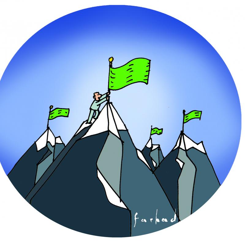 Illustratie van mannetje die groene vlag op besneeuwde bergtoppen plant.