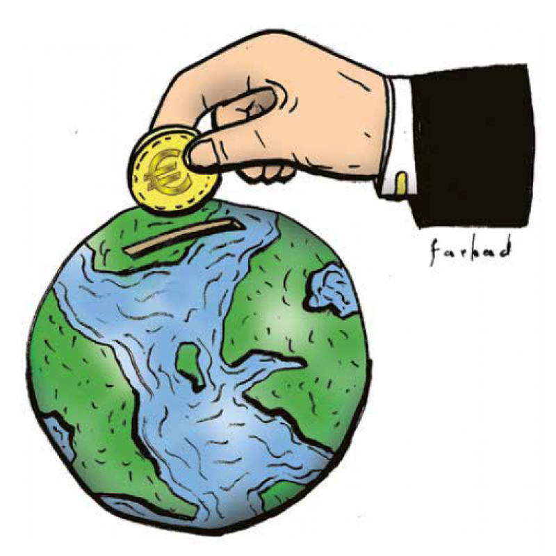 Illustratie van hand die munt in spaarpot in de vorm van wereld werpt.