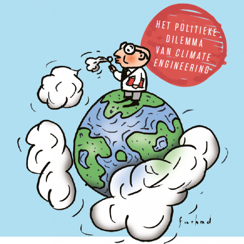 Illustratie van wetenschapper die op de aardbol staat en met bellenblaas wolken maakt.