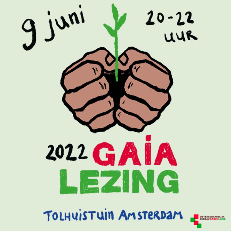 Illustratie bij de Gaialezing 2022 van twee handen waaruit een plantje ontkiemt. 