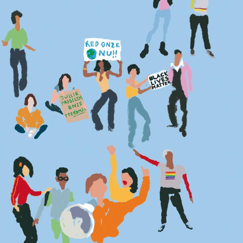 Illustratie van jongeren die demonstreren voor een rechtvaardige toekomst. 