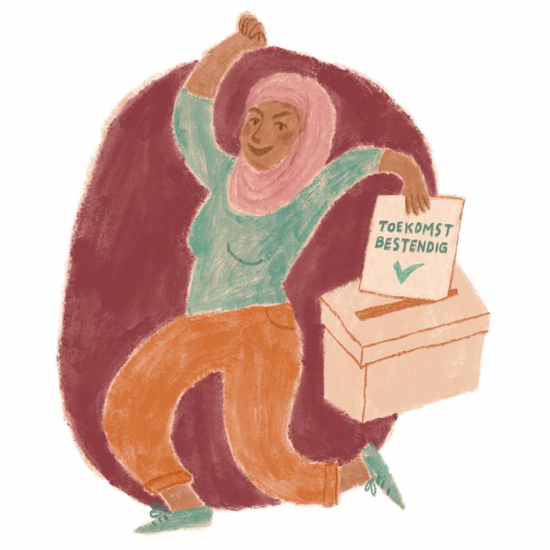 Een persoon met een hoofddoek die een biljet in een stembus doet. Op het biljet staat Toekomstbestendig.
