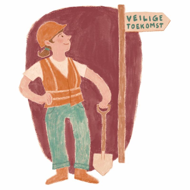 Een persoon in een reflecterend hesje met een schep naast een bord 'Veilige toekomst'.