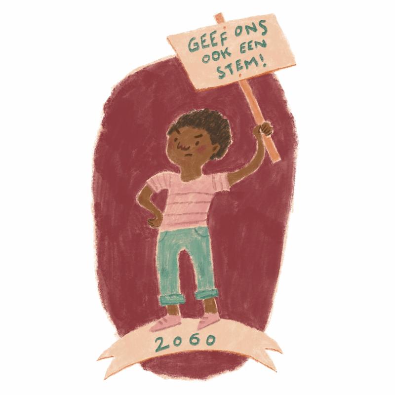 Illustratie van een kind met een protestbord met daarop 'Geef ons ook een stem'. Onderaan staat het jaartal 2060.