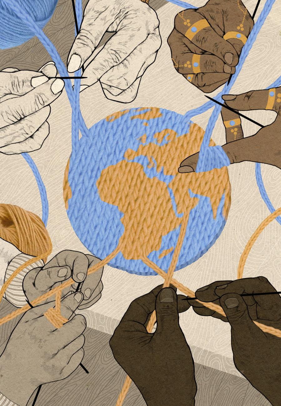 Illustratie van een kring handen die een aarde van wol breien