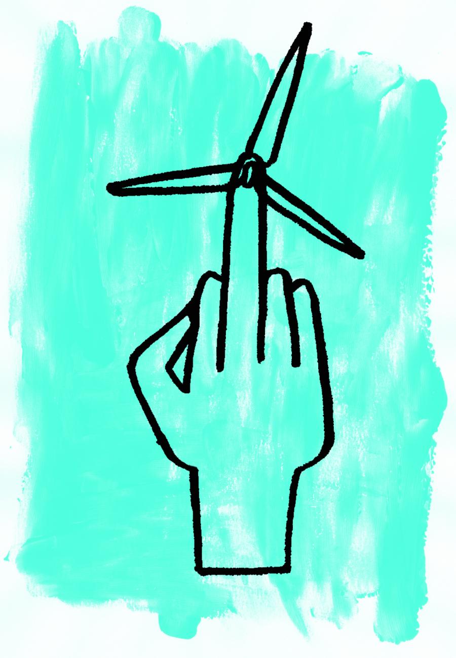 Illustratie van een windmolen in de vorm van een middelvinger