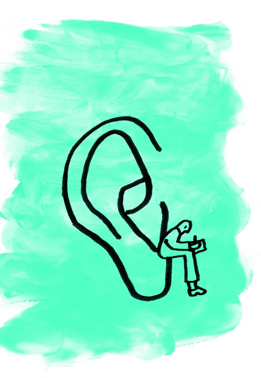 Illustratie van schrijvende man in een oor