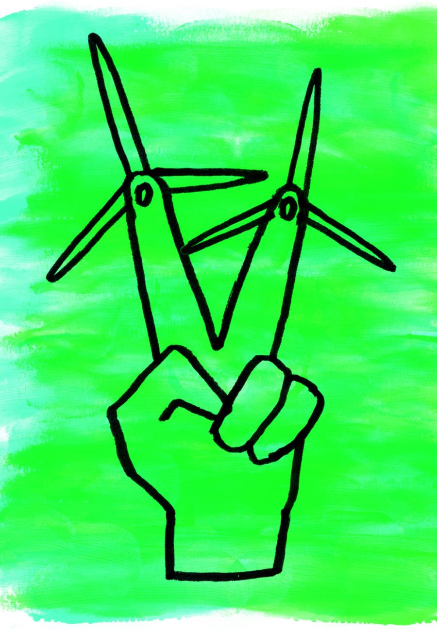 Illustratie van windmolen op een hand die het vredesteken maakt. 
