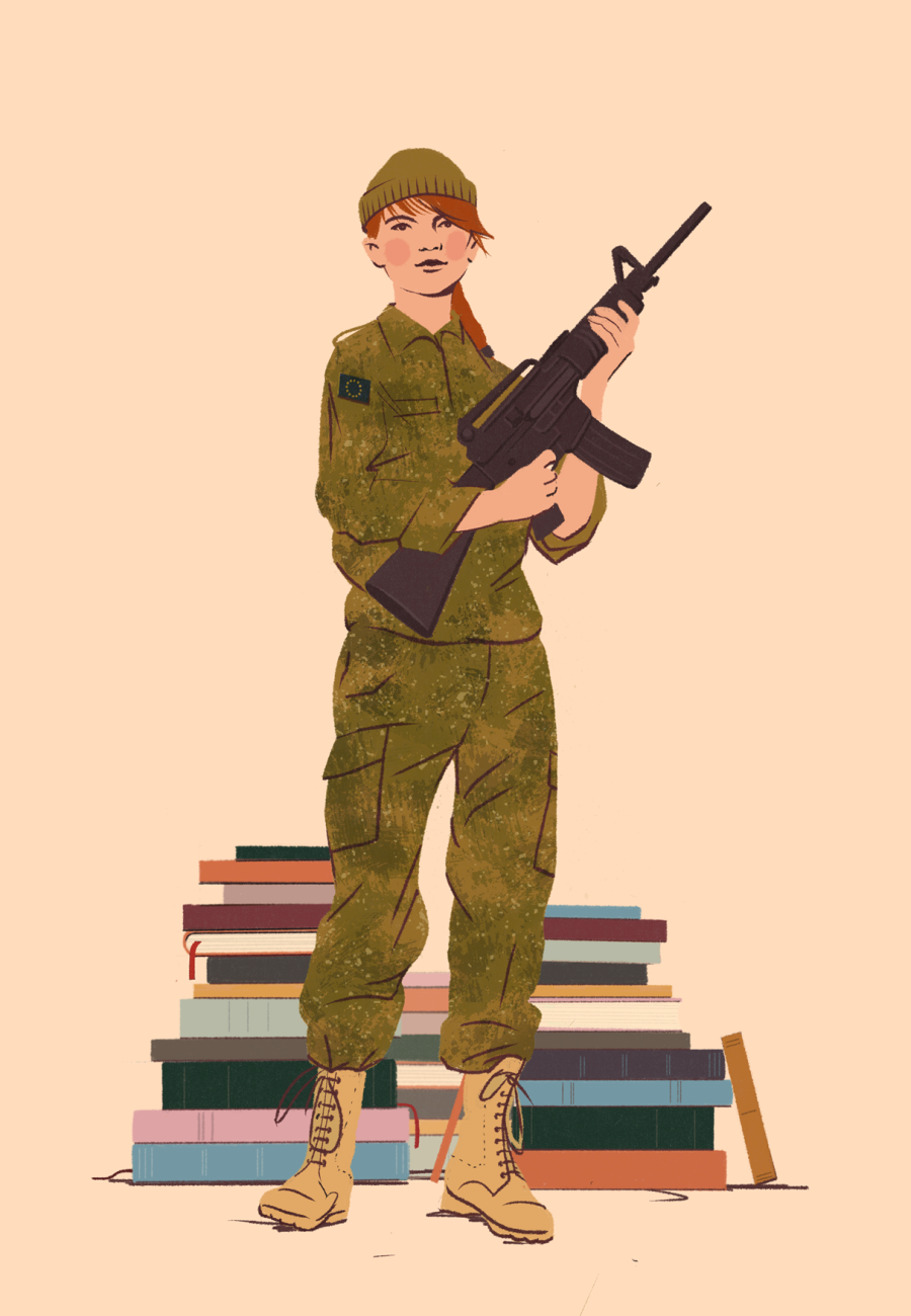 Soldaat bewaakt boeken