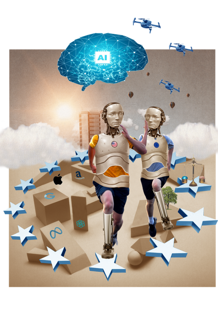 Illustratie met twee rennende robots. Daaromheen sterren, rechts een weegschaal. Boven een illustratie van hersenen met daarin de tekst AI. In de lucht vliegen drones.