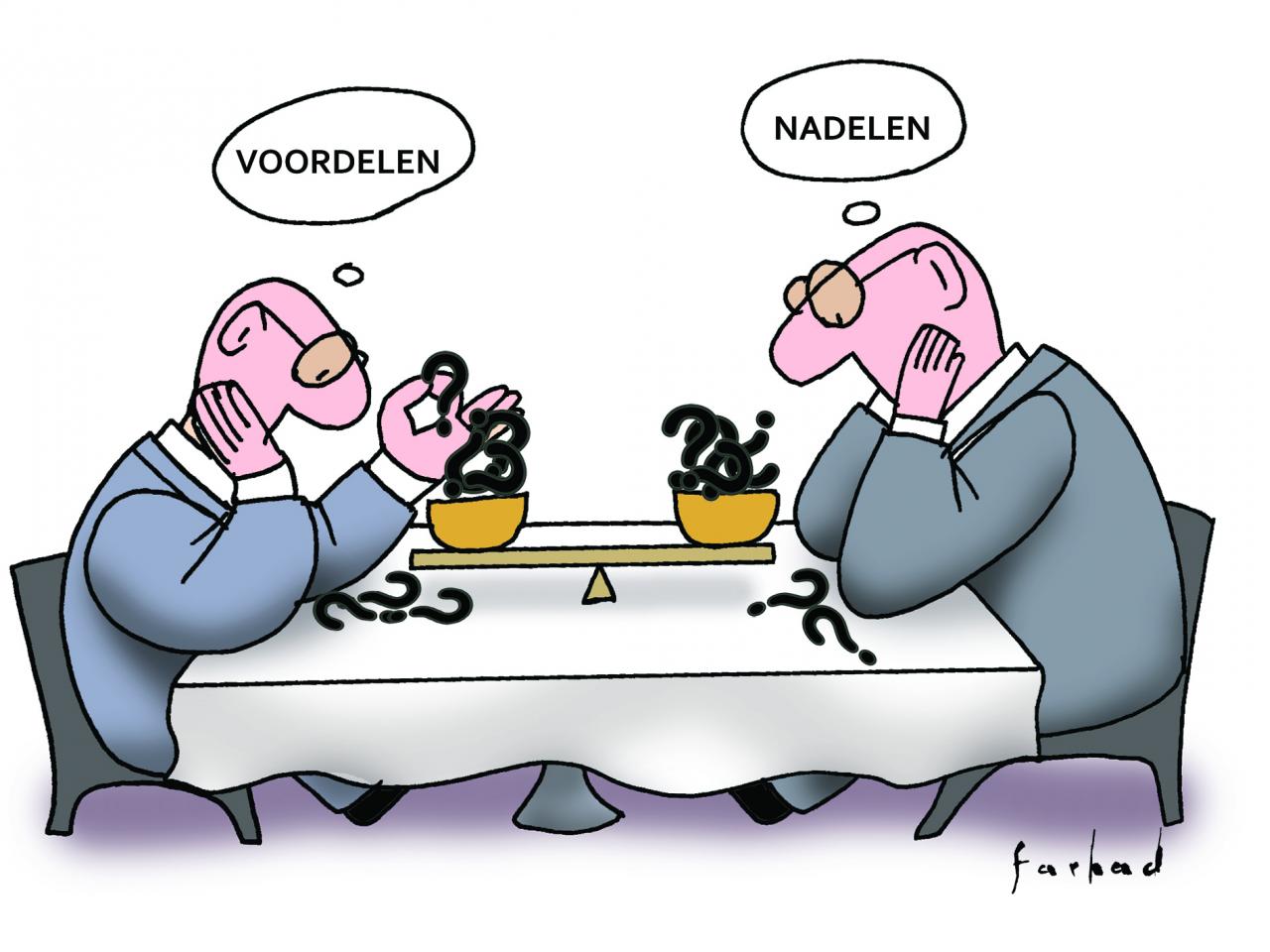 Illustratie van twee mannen die aan tafel voordelen en nadelen wegen