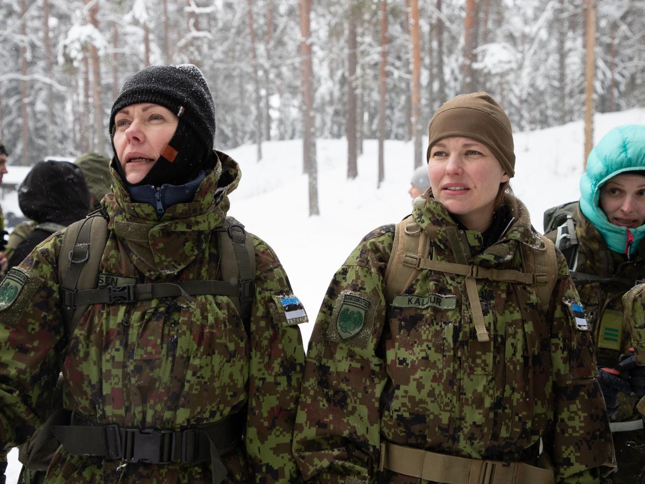 Members of Estonia's Naiskodukaitse (Women's Voluntary Defence Organisation) during a winter patrol competition