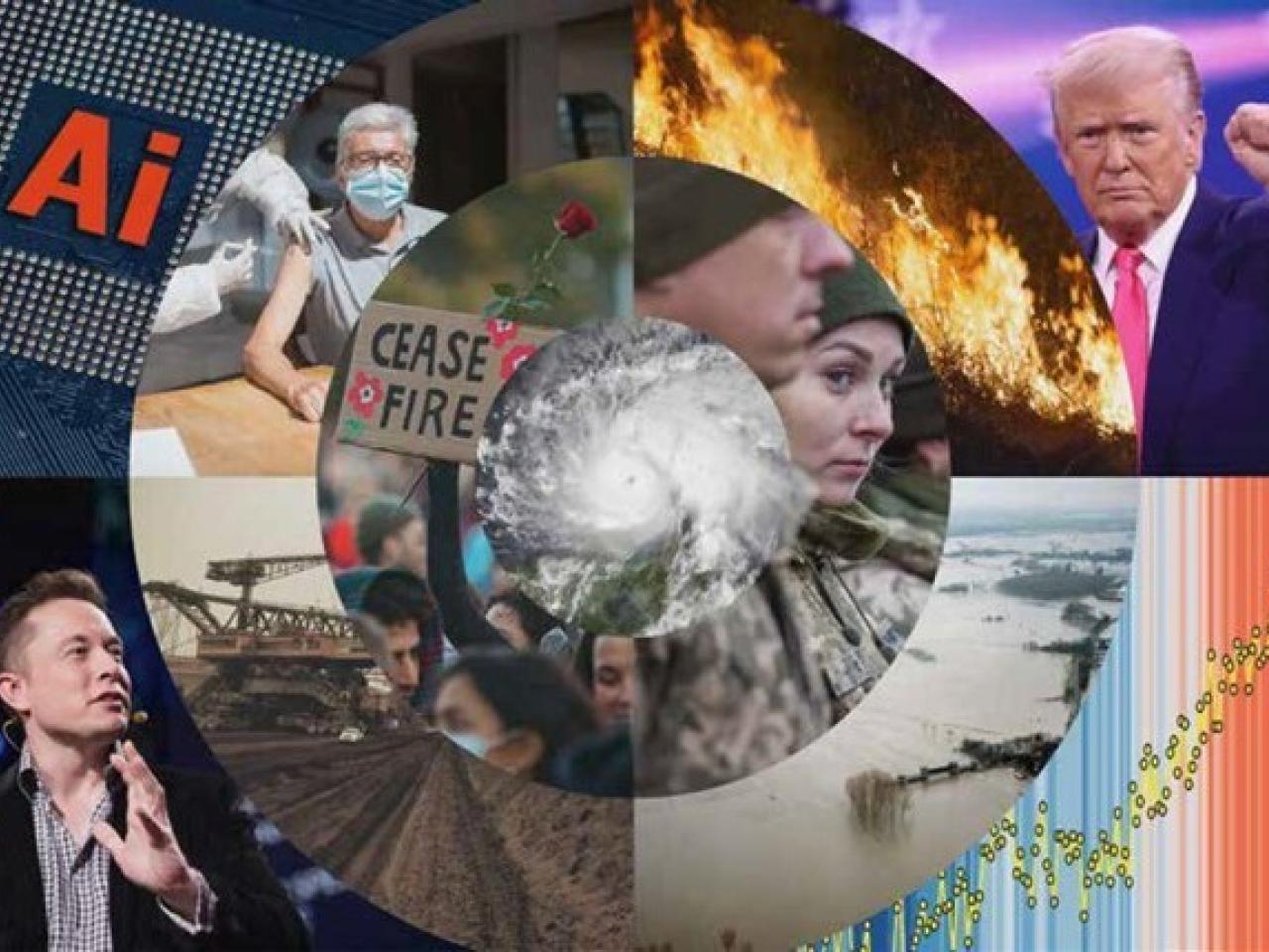 Afbeelding met AI, Donald Trump, Elon Musk, klimaatverandering, vaccinatie corona, overstromingen, industrie, bosbranden en oorlog.