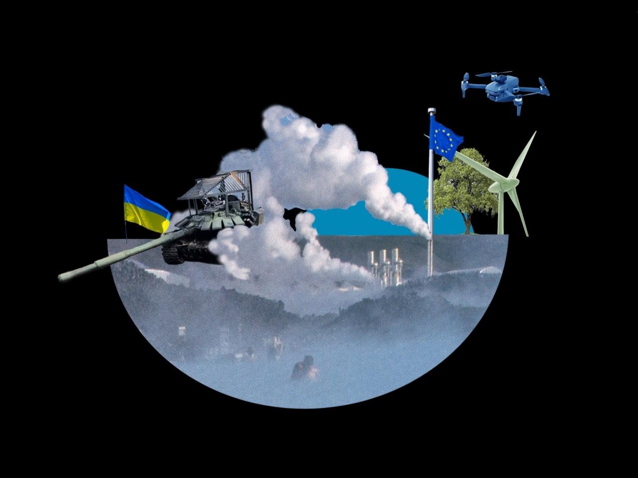 Een beeld van AI en oorlog. Links een Oekraïense vlag en een soort tank. Rechts een Europese vlag, waarbij het lijkt alsof er rook uit de vlaggenstok komt. Daarnaast een boom en windmolen. In de lucht een drone.