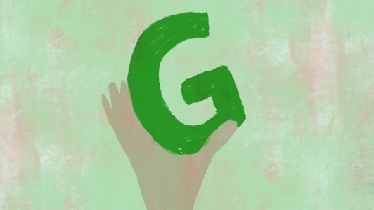 Illustratie van een hand die de G van WBGL ondersteunt. 