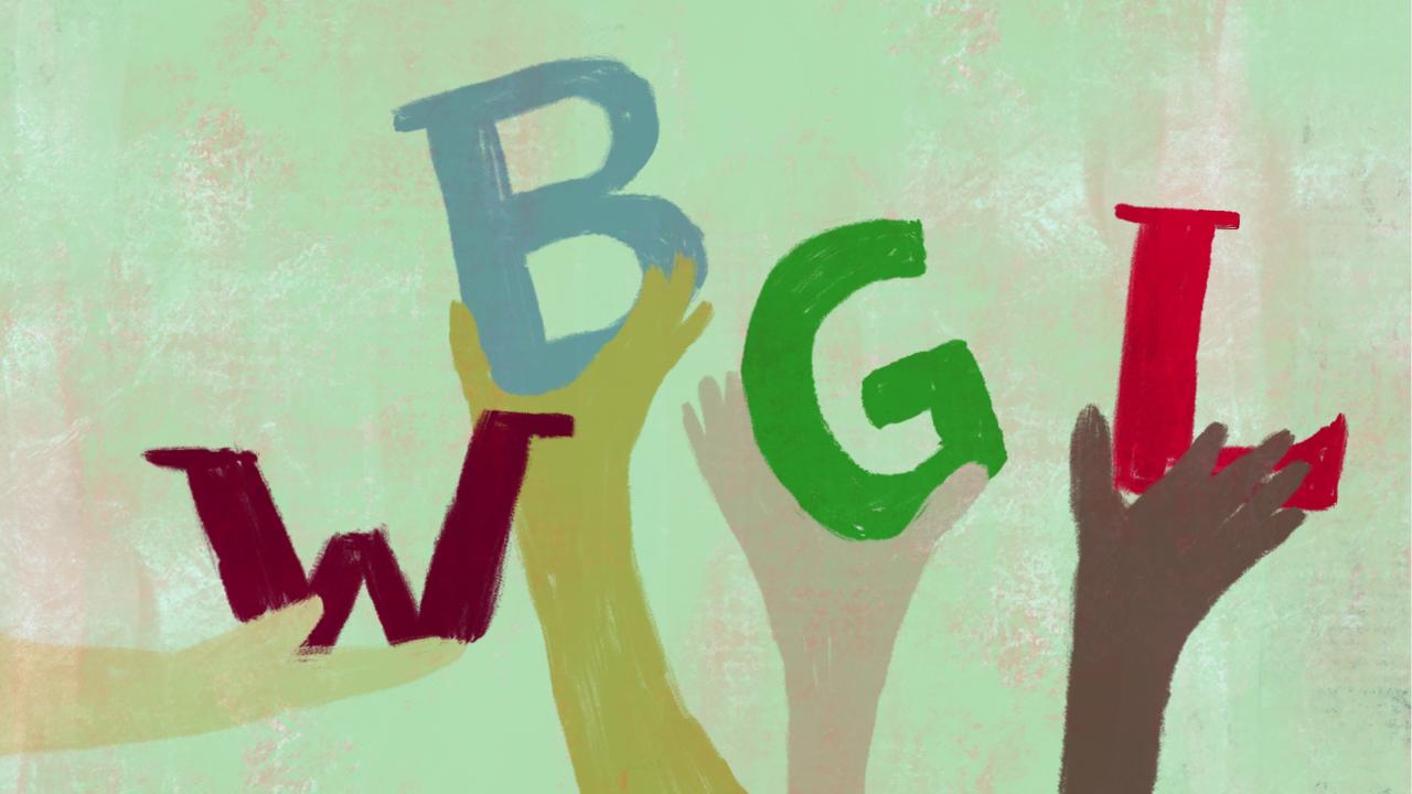 Illustratie van handen die de letters WBGL ondersteunen. 